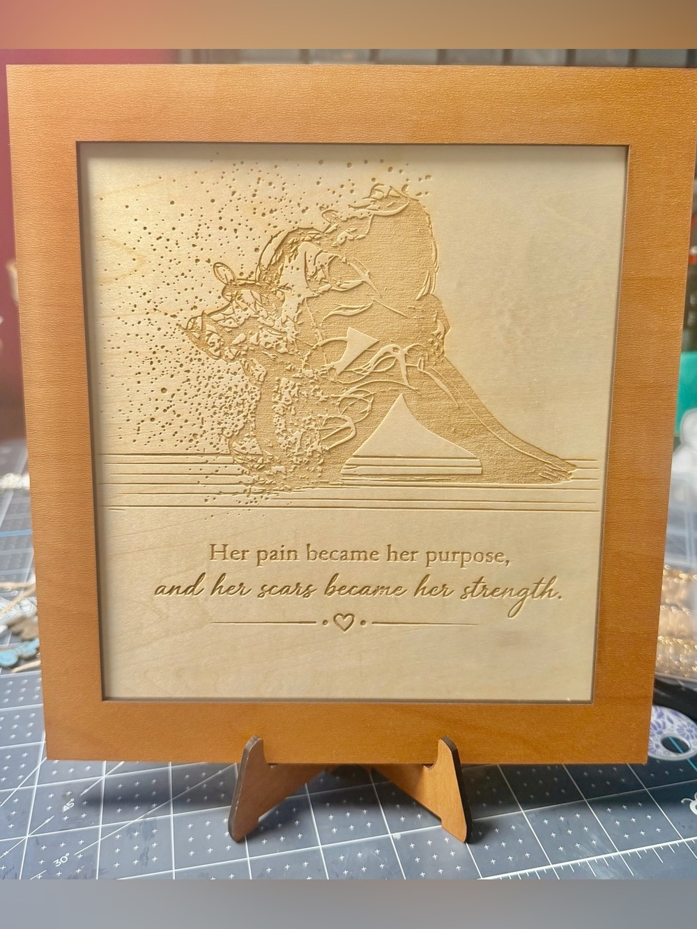 Handcrafted by me Wood engraved framed Strength Sign with custom stand
